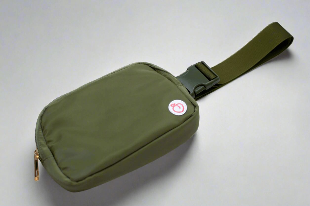 Angled view of olive crossbody bag