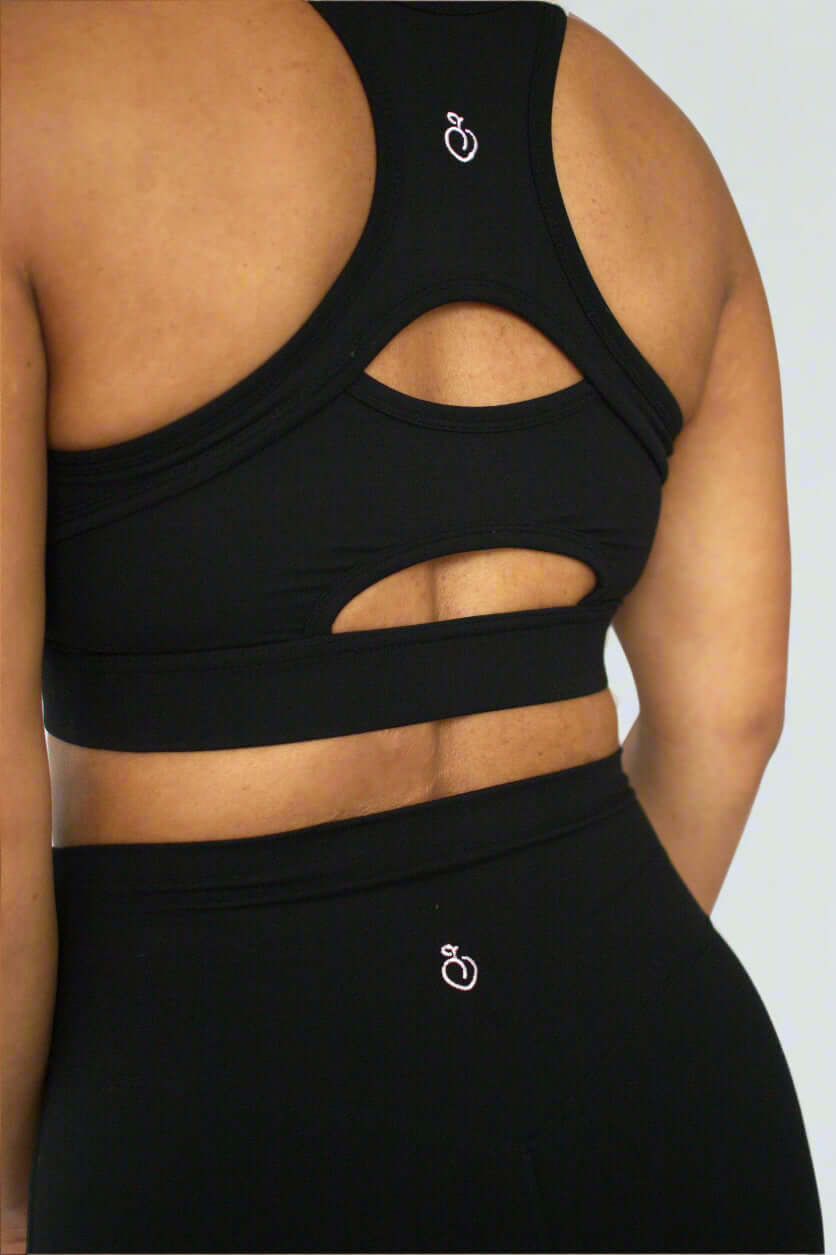 Back view of bra and leggings showing logo and bra paneling/details