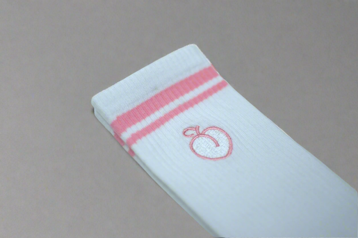 pink embroidered peach logo on crew sock