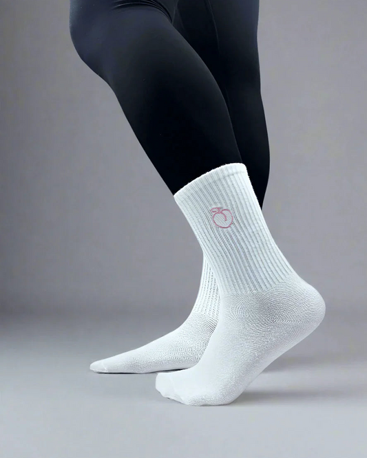 White socks with embroidered peach logo