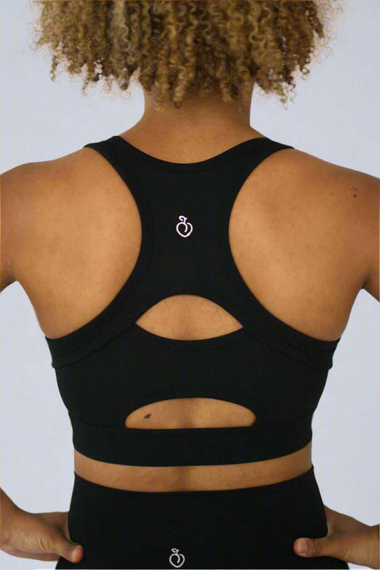 Back view of black bra showcasing detailed paneling and logo