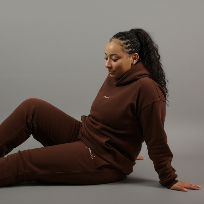 Person wearing a brown hoodie and pants sitting on a white background