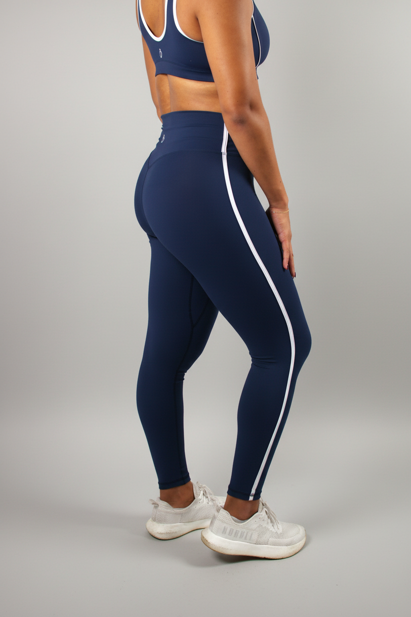 Person wearing navy leggings with white stripes on a white background