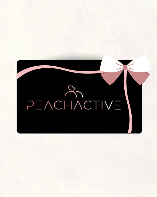 Peach Active gift card with pink and white bow on black background, stylish branding