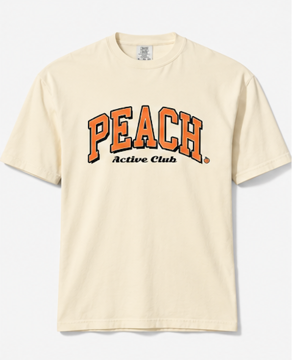 Beige t-shirt with 'Peach Active Club' text on a white background