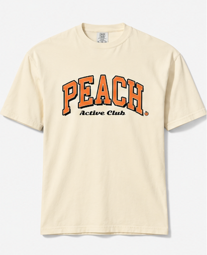 Beige t-shirt with 'Peach Active Club' text on a white background