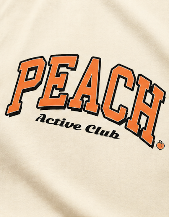 Beige fabric with 'Peach Active Club' text in orange and black