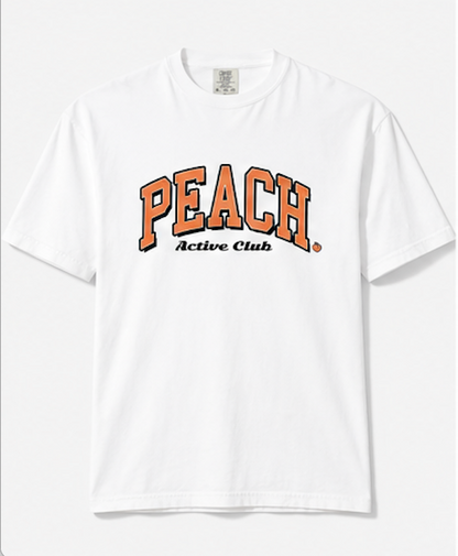 White t-shirt with 'Peach Active Club' text on a white background