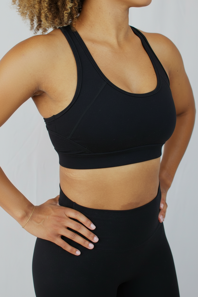 Person wearing a black sports bra and leggings on a plain background