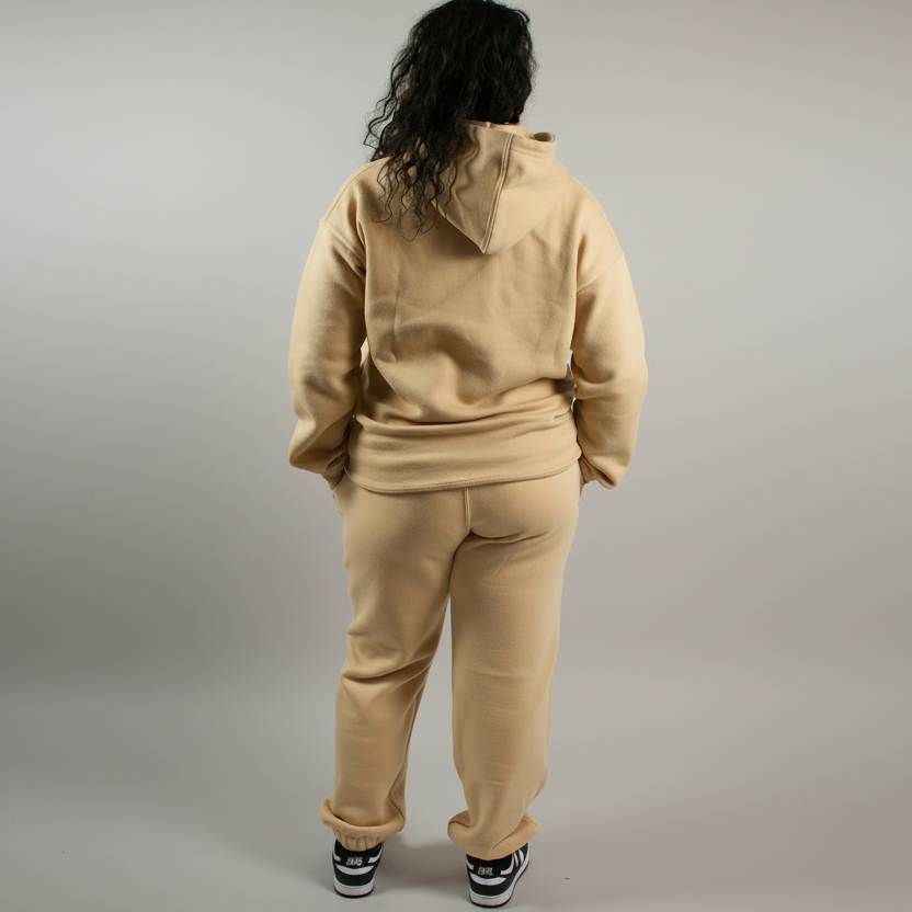 Person wearing a beige tracksuit against a white background