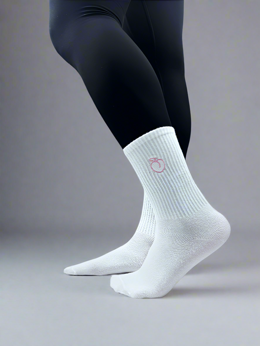 White socks with embroidered peach logo
